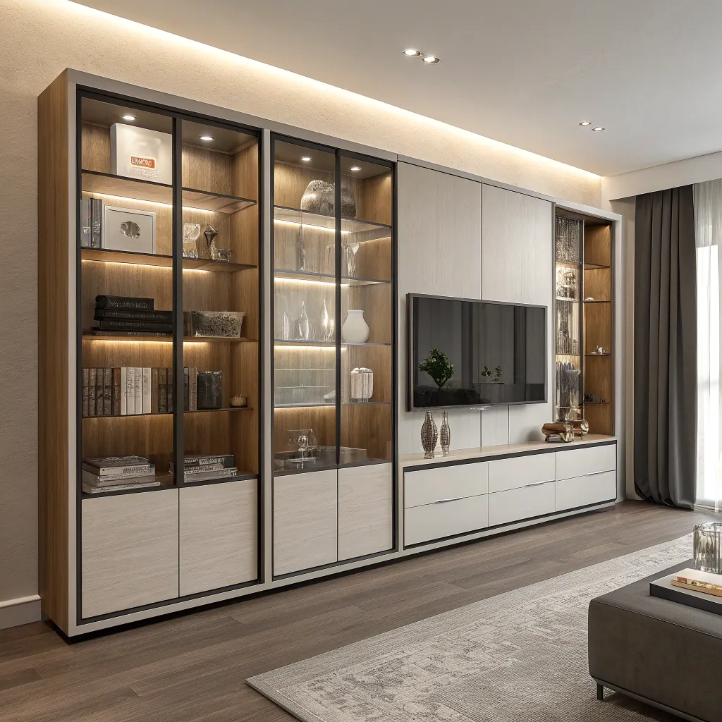 Modern living room storage unit with shelves and cabinets